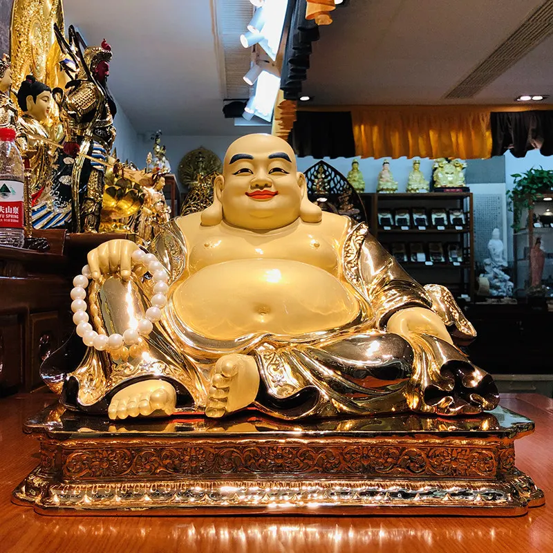 Patung Buddha Maitreya Tembaga Tulen Berlapis Emas 42CM