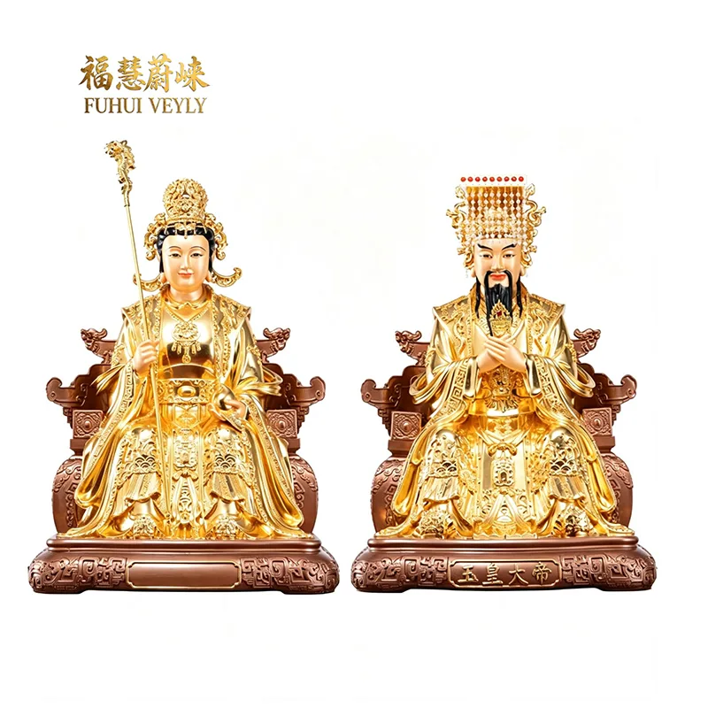Set Patung Yuhuang dan Wangmu Daun Emas Loyang