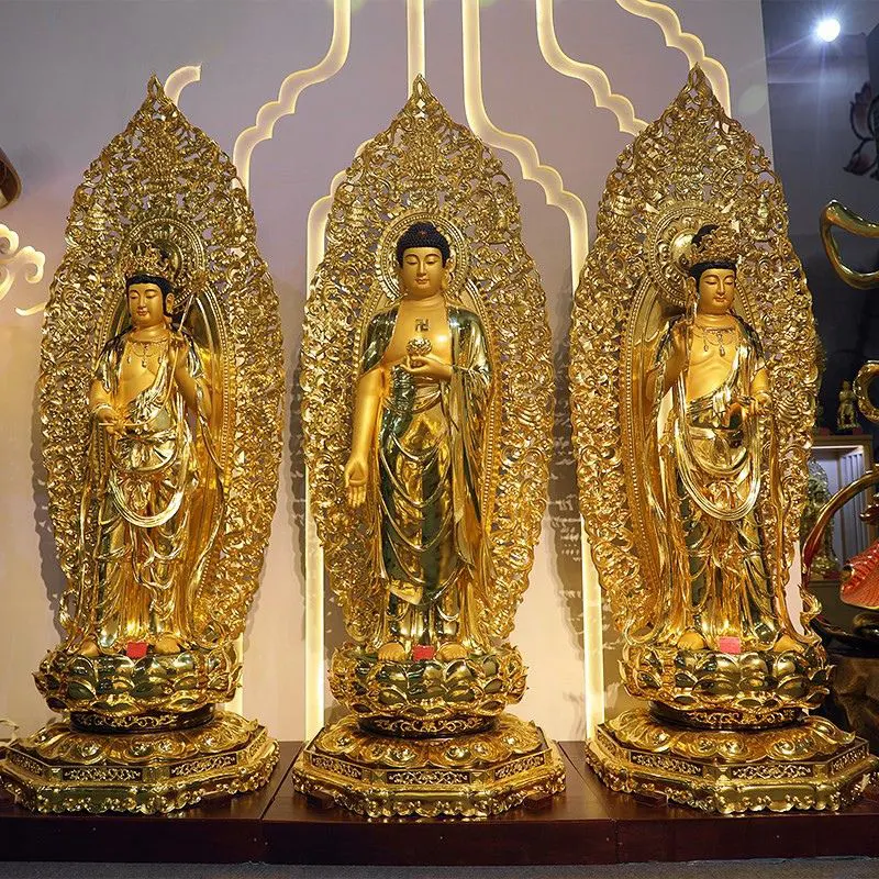 Patung Buddha Tiga Orang Suci Barat Tembaga Tulen